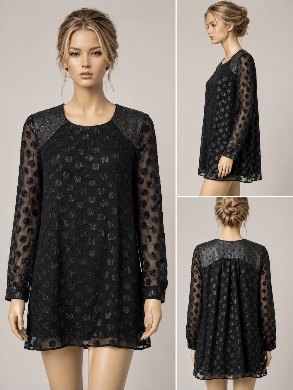 Dress the Population Black Swiss Dot Sheer Tunic Dress Top Lamb Leather Yoke L